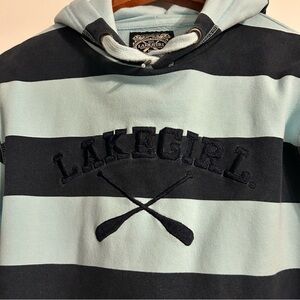 Lake Girl Women’s Navy and Baby Blue Striped Hoodie Size Small Lined Hood